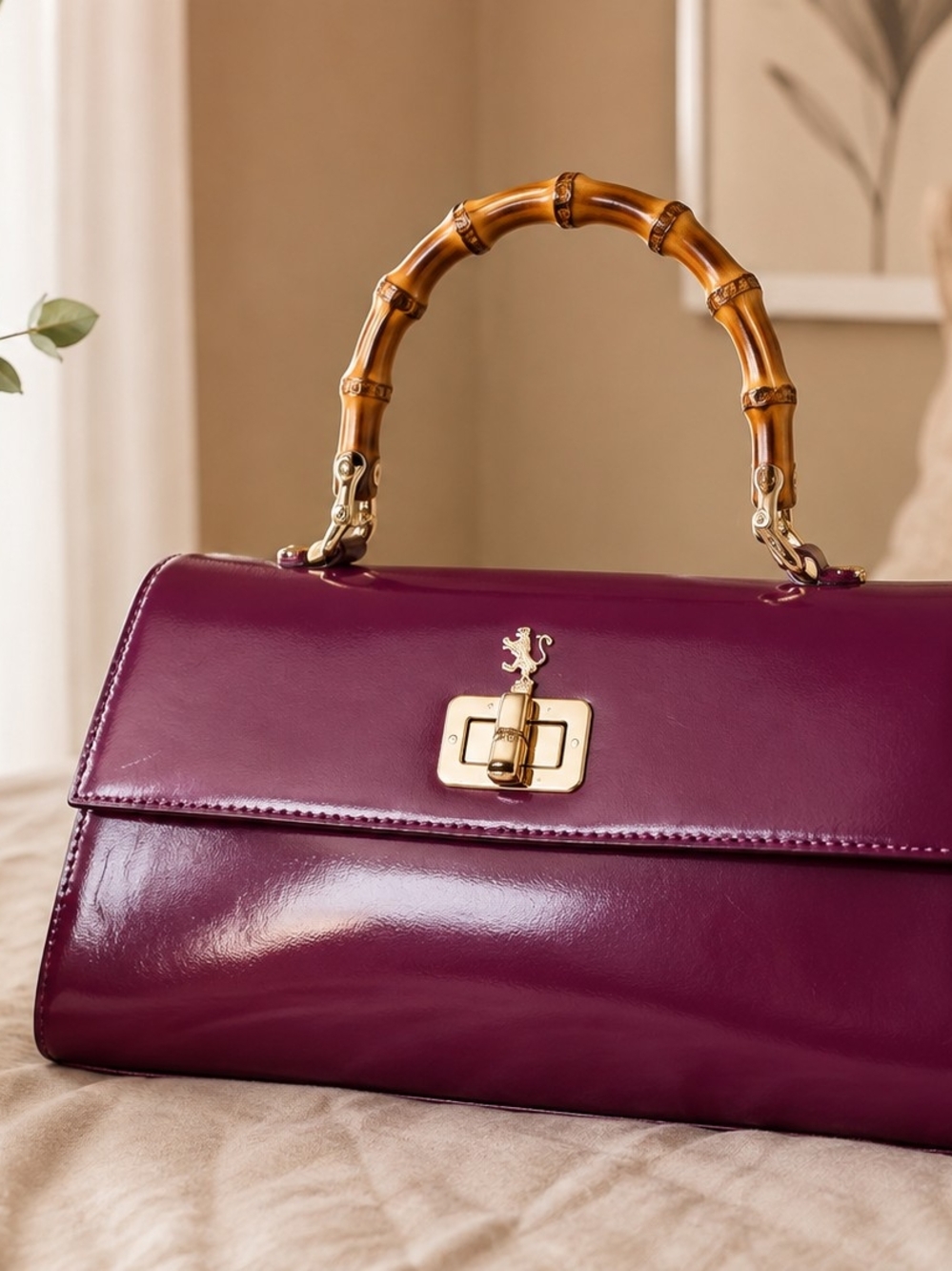 Elegant Mulberry Leather Top-Handle Bag with Bamboo Accent